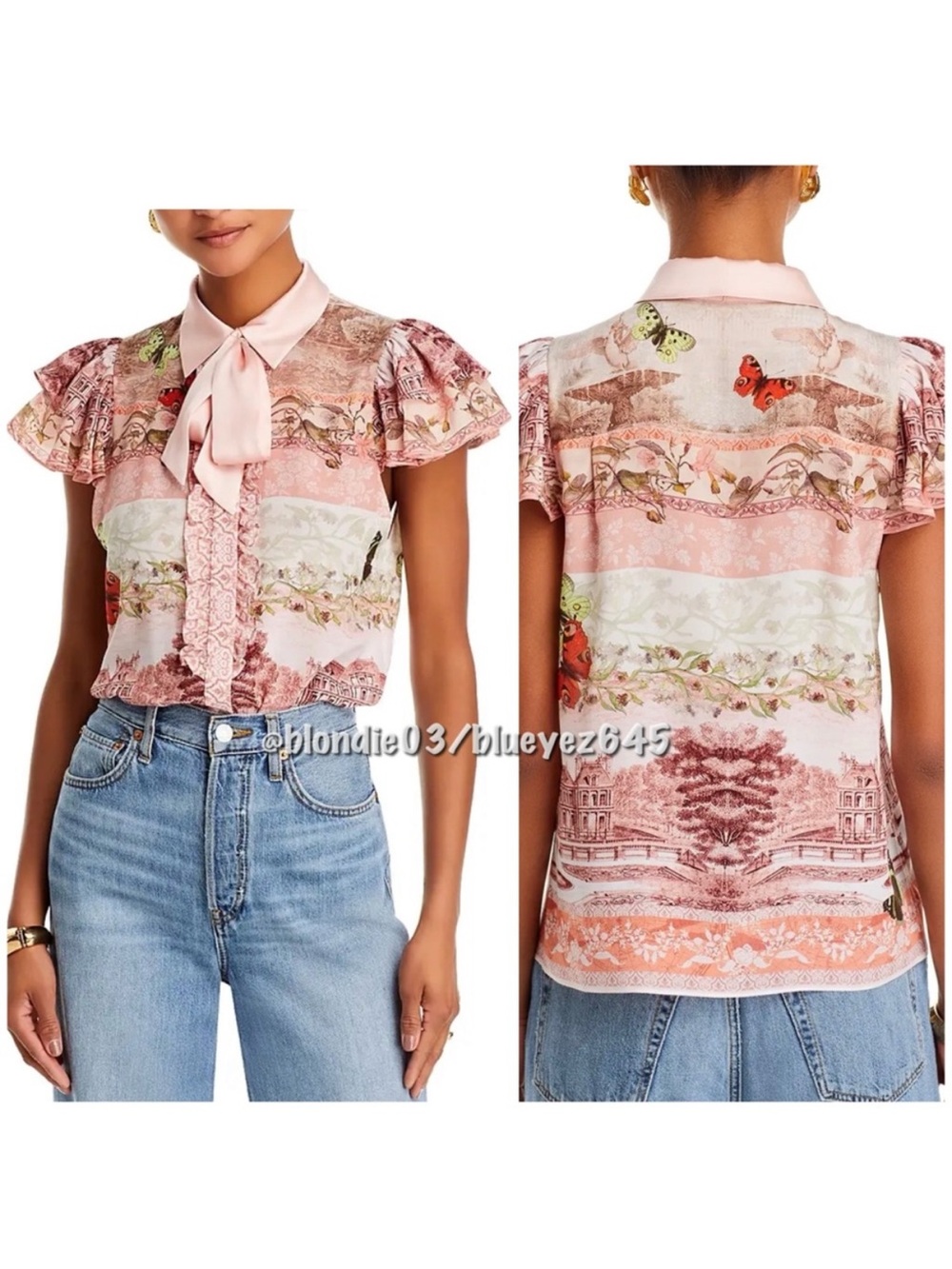 Alice + Olivia Pink Printed Ruffle Tie-Neck Blouse